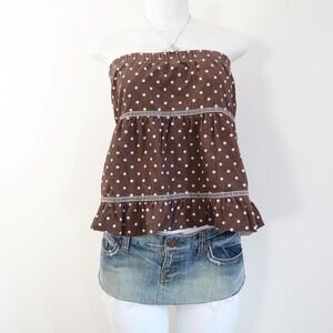 y2k brown polka dot tube top ruffle strapless